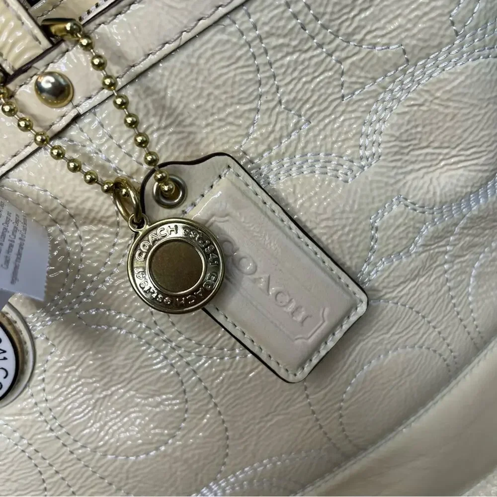 NWT Coach Signature Patent Leather Stitched Stripe Small Tote Butter Cream